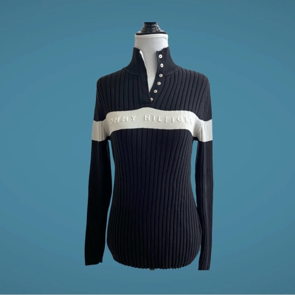 Tommy Hilfiger Women's Cotton Sweater Large Long Sleeve Turtleneck Button Collar